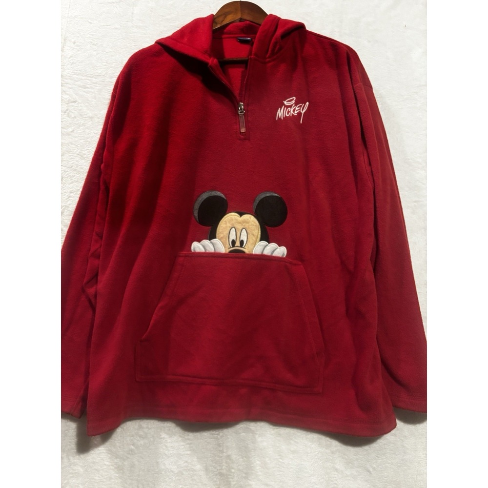 Disney Mickey Mouse Sweatshirt XL Hoodie Red Embroidered‎ Black Fleece